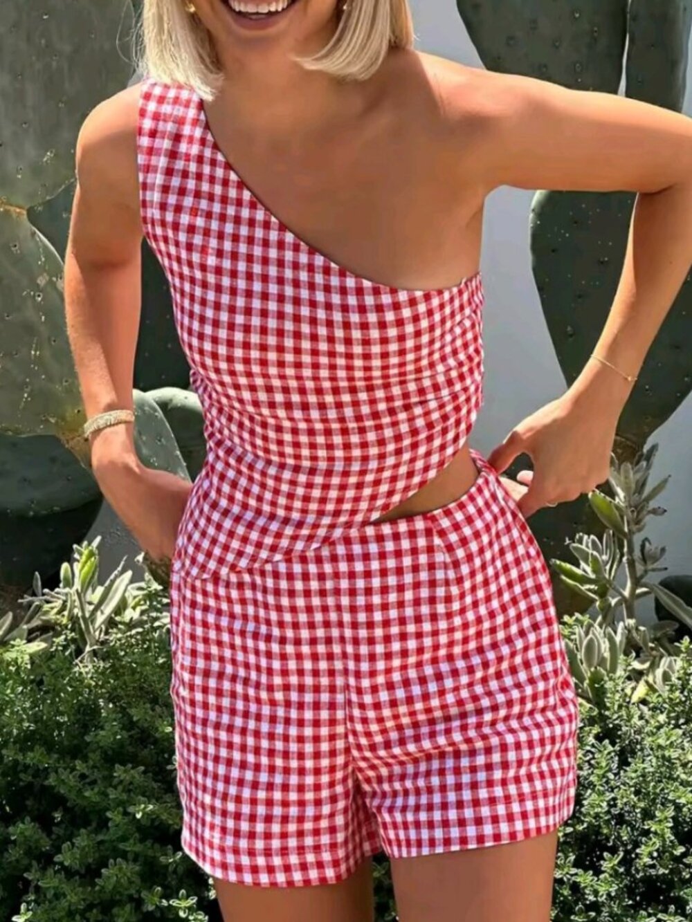 Women's Casual 2 Piece Outfits One Shoulder Tank Tops + High Waist Shorts Set